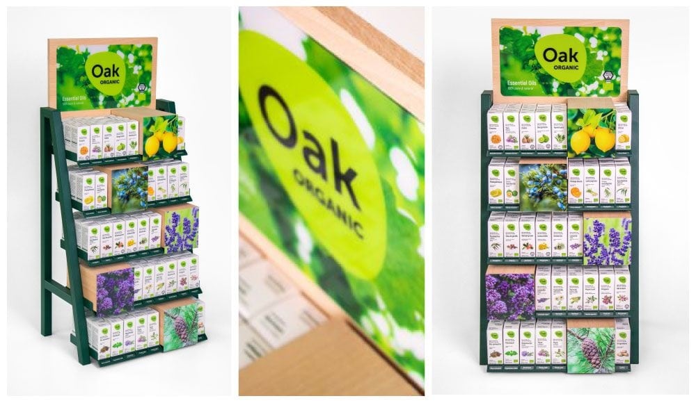 Pour introduire dans les pharmacies la marque premium OAK d'huiles essentielles, ce stockeur clairement sur une attractivité naturelle.