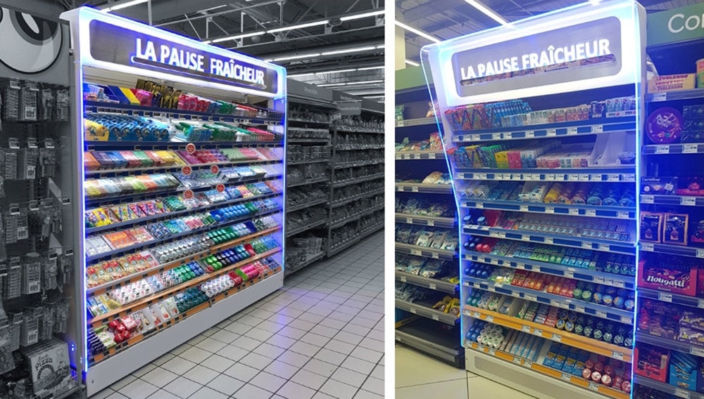 Nous avons développé cette boutique linéaire « Pause Fraicheur » dédiée au Chewing gum. Ce mobilier autoportant vient remplacer un ou deux éléments complets de gondole du magasin pour créer un espace dédié à la gum. 