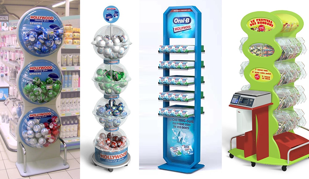 Equipé de roulette il peut être déplacé facilement au grès des envies de des emplacements disponibles en magasin. Suivant les bonbons ou chewing-gums à mettre en valeur, il peut être composé de bacs vrac, de broches ou de tablettes.