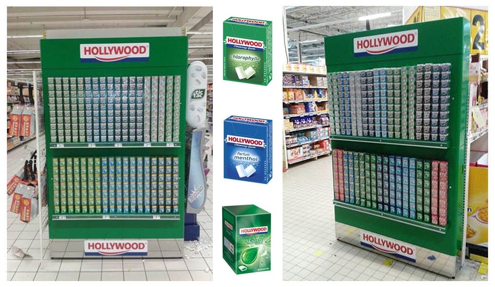 Pour Hollywood nous avons créé une tête de gondole uniquement composée de goulottes (‘sans tablette) pour obtenir visuellement un effet « mur de packs » de  chewing-gums.